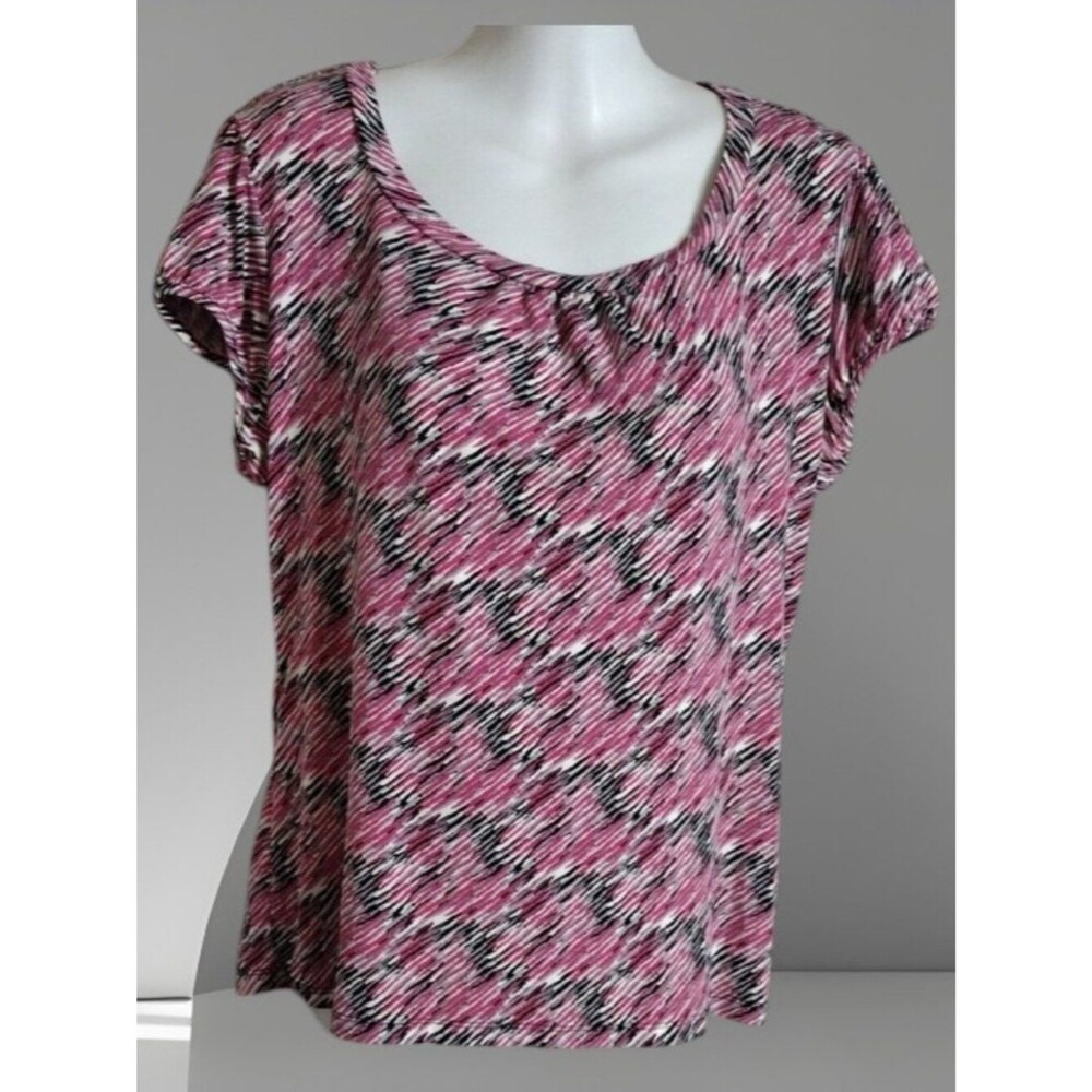 Worthington Pink Black White Short Sleeve Patterned Top Size Petite Large